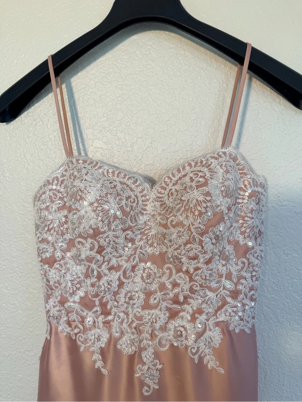 JJs House Blush Pink Lace Bodice Spaghetti Strap Evening Gown